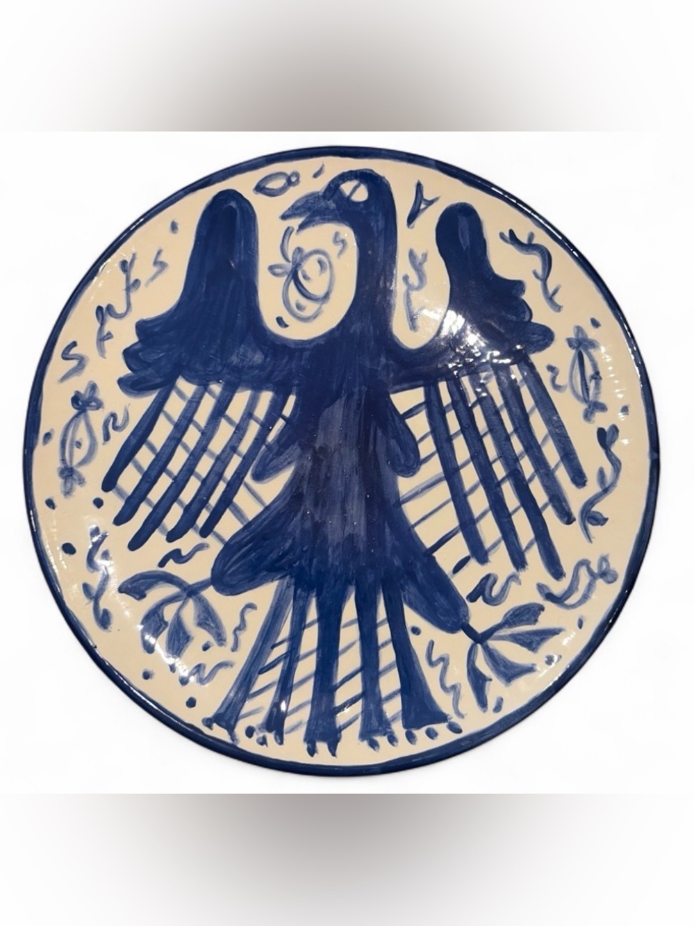 Vintage Hand Painted Spanish Talavera Eagle Bird Blue & White Ceramic Plate Dish
